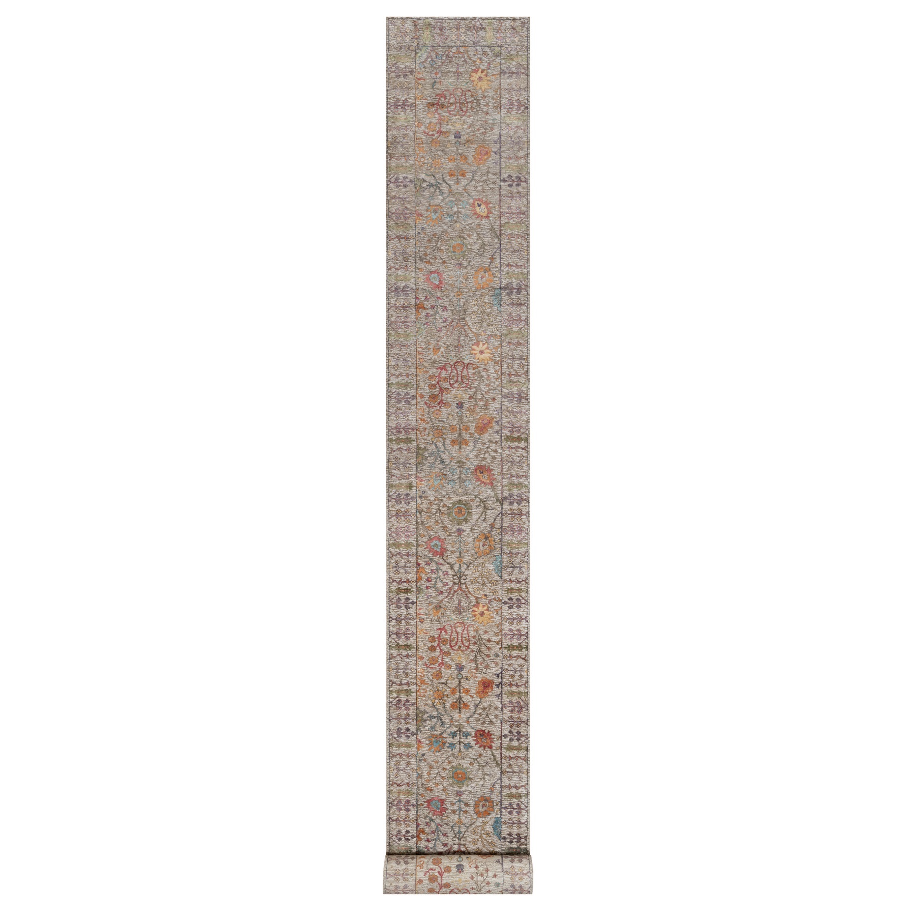 2'7"x23'9" Rice White with Brown, Hand Knotted, Directional Vase Design, Silk with Textured Wool, XL Runner, Oriental Rug 